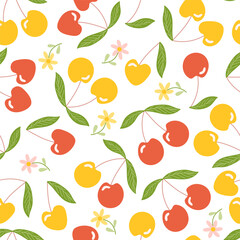 Cherry fruit seamless pattern with red and yellow cherry and green leaves. Berry background for food design and spring packaging.