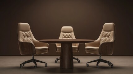 Meeting room,  beige leather chairs, dark wood table.  A digitally rendered scene of a conference room. Four leather chairs, beige in color,  surround a round, dark wooden table.  