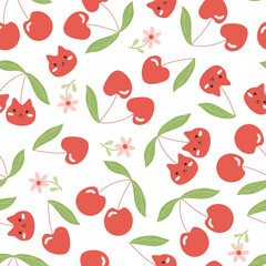 Sweet cherry fruit pattern with cartoon cat face characters and blossoms. Cute childish illustration for fabric, textile, apparel.