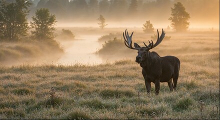 A majestic bull moose stands in a misty meadow at sunrise, silhouetted against a golden sky. 