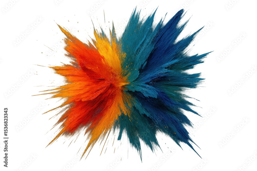 Poster orange and blue particles exploding and creating an abstract design on a transparent background