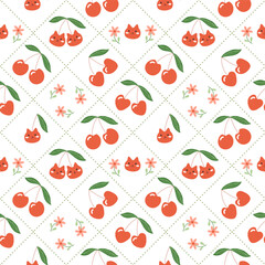 Sweet cherry fruit pattern with cartoon cat face characters and blossoms. Cute childish illustration for fabric, textile, apparel.