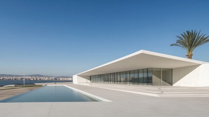 Modern architectural structure with a large pool and city views.