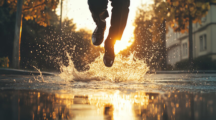 Man in dress shoes jumps over puddles on a wet street during golden hour in the city