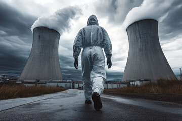 Worker in hazmat suit walking near the cooling towers of a nuclear plant, dramatic cloudy sky.