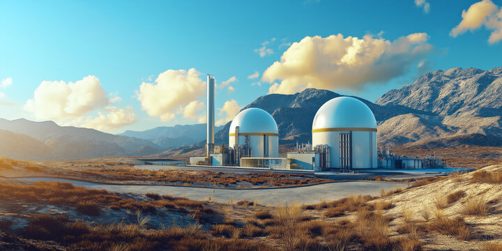 Wide shot of new generation small modular nuclear reactors installed in a remote area.