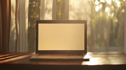 Fototapeta premium Elegant minimalist workspace with an open laptop on a wooden desk in front of a sunlit window with sheers, perfect for remote work, study, or creative projects
