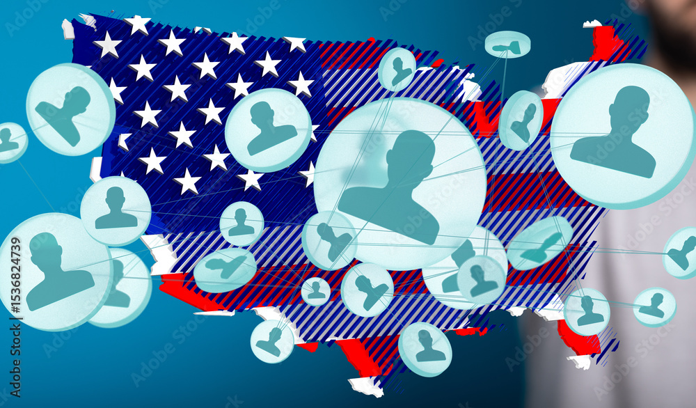 Poster Visual representation of a connected US citizen network. Ideal for data, social media, and networking concepts.