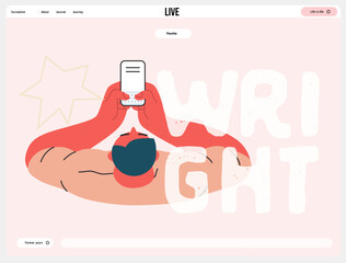 Writing people, modern flat vector concept illustration- sitting man thoughtfully writing on laptop, bubble near head, top view. Metaphor for reflection, insight, contemplation, creative expression