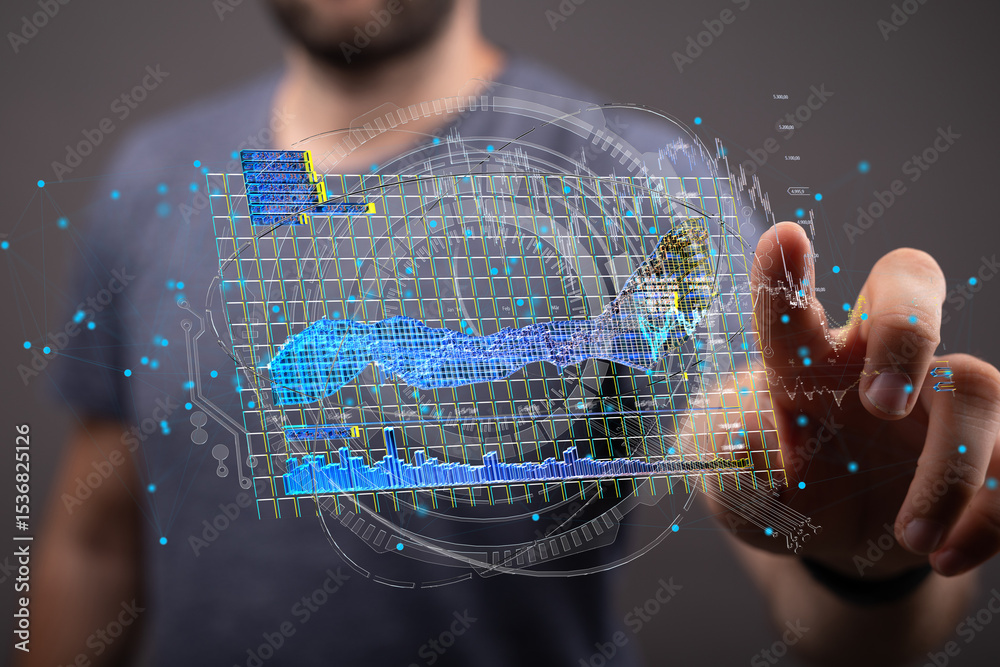Poster Stock photo of a person interacting with a holographic projection of data charts, graphs, and analytics.