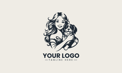 Fototapeta premium Joyful little dog bonding with smiling young girl in adorable and heartwarming cartoon vector logo design