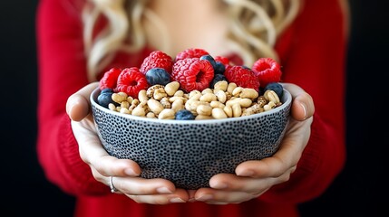 Hands Holding Bowl of Healthy Breakfast Cereal with Fresh Berries over Black Background