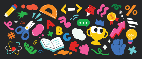 Welcome Back to School funky element vector set. Collection of cartoon characters, cute doodle dawn, Speech bubble, pencil, trophy, ruler, scissors. Design for education, print, decorative, sticker. © TWINS DESIGN STUDIO