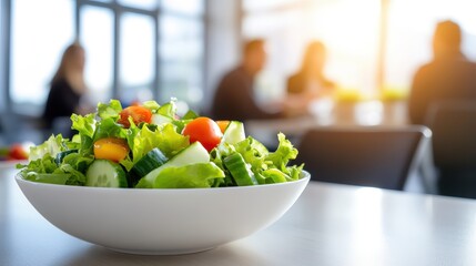 A fresh bowl of mixed salad with lettuce, tomatoes, and cucumbers sits on a table in a bright office setting with blurred people in the background.