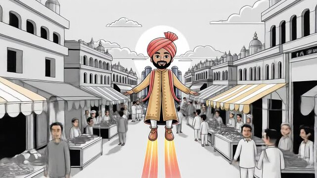 Cartoon Sikh man flying with jetpack over busy marketplace street in animated style