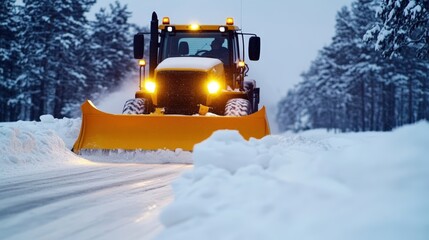 A yellow snowplow clears a snowy road in a forested area during winter, with snow-covered trees on both sides.