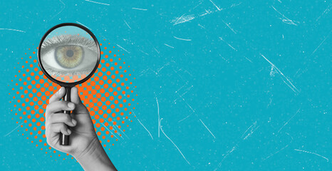 Art collage, hand with magnifying glass and human eye on blue background.