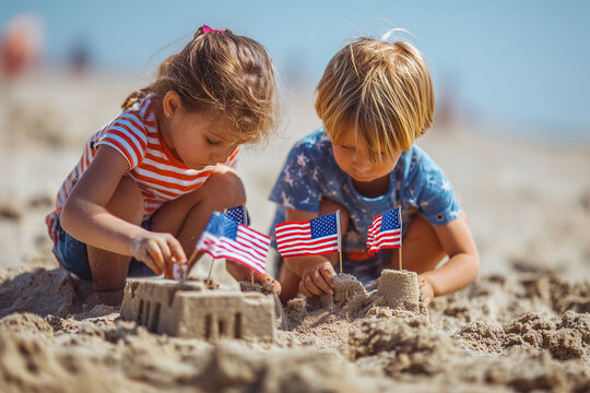 Children building sandcastle on beach with American flags for 4th of July celebration