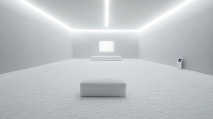 Empty white room with minimalist furnishings.