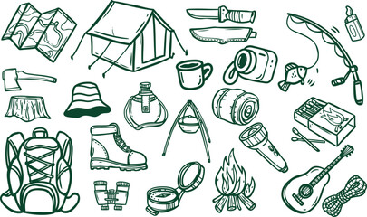 Camping doodle icon set, forest adventure hand drawn vector line sticker, woodland hiking objects. Cute bear outer logotype, outdoor activity adventure badge print, campfire, backpack. Camping doodle.