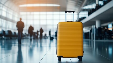 A bright yellow suitcase stands alone in a spacious, modern airport terminal with blurred travelers walking in the background.