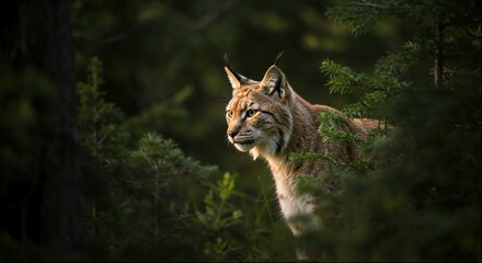 Obraz premium A magnificent Eurasian lynx peers intently from within a dense, dark coniferous forest. 