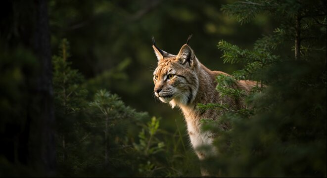 A magnificent Eurasian lynx peers intently from within a dense, dark coniferous forest. 