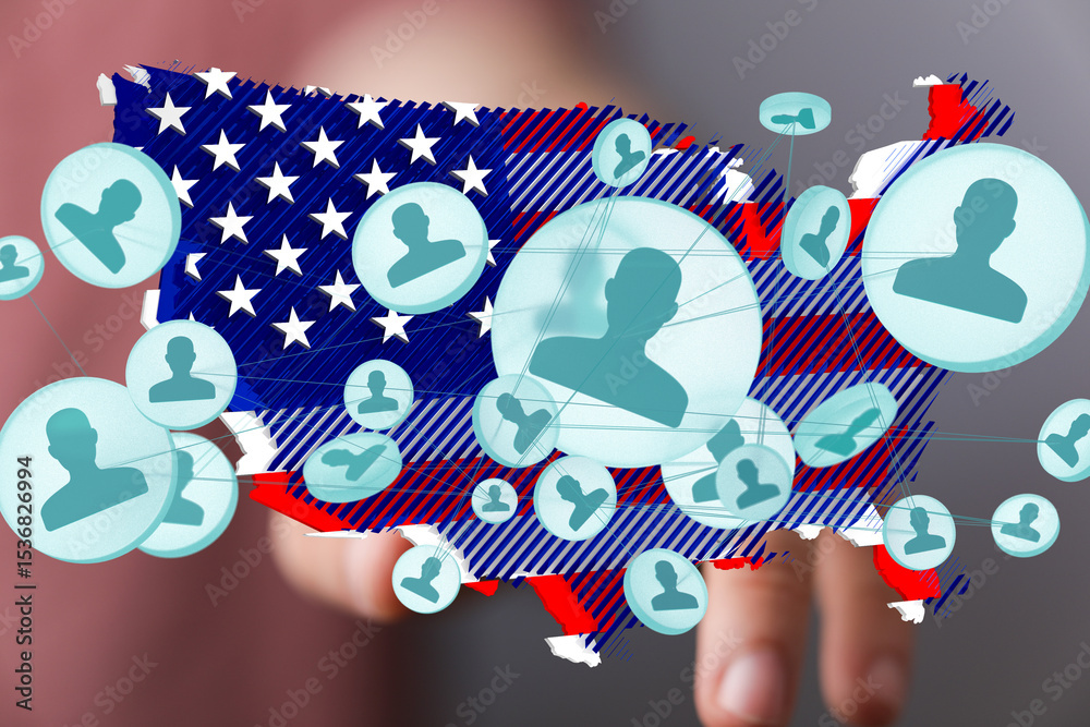 Poster visual representation of social media connections across the united states. illustrates networking a