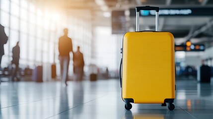 A bright yellow suitcase stands in focus inside an airport terminal with blurred travelers and sunlight in the background.