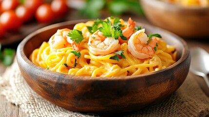 A wooden bowl filled with creamy shrimp pasta garnished with fresh parsley on a rustic table setting.