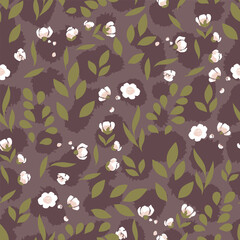 Ditsy Wild Flowers and Leaves Vector Seamless Pattern