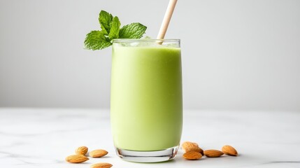 A refreshing green smoothie garnished with mint leaves in a clear glass with almonds scattered around on a white surface.