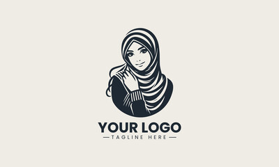 Stylish hijab worn by beautiful young Muslim woman with confident smile vector logo illustration design