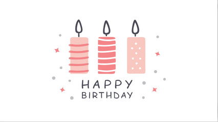 Three birthday candles with stripes and dots above happy birthday text on a white background design