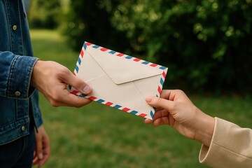 Hands exchanging vintage airmail envelope.