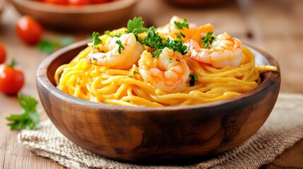 A wooden bowl filled with creamy shrimp pasta garnished with fresh herbs, set on a rustic woven mat with cherry tomatoes and parsley in the background.