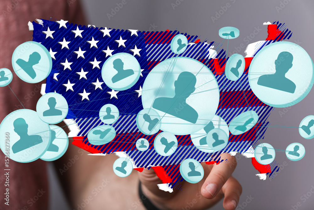 Poster visual representation of social networks and connections within the united states.