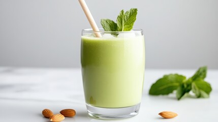 A refreshing green smoothie garnished with mint leaves in a clear glass with almonds scattered around on a white surface.