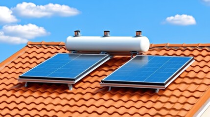 Solar water heater panels installed on a terracotta tiled roof under a bright blue sky with scattered clouds.