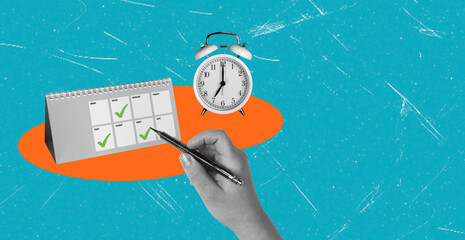 art collage, Planning and scheduling tasks with a calendar and clock during daytime hours in a vibrant environment
