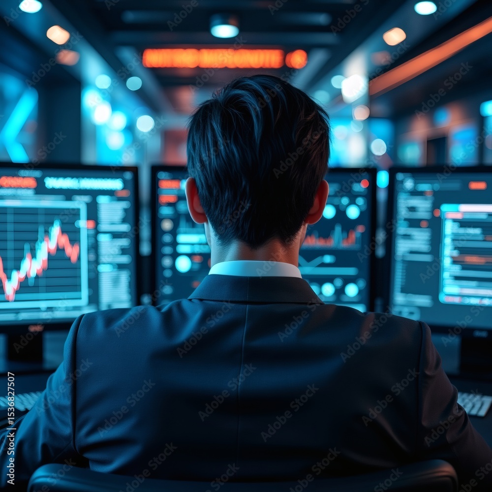 Poster a trader is intently focused on multiple computer screens, analyzing data and making decisions in a high-tech trading environment.