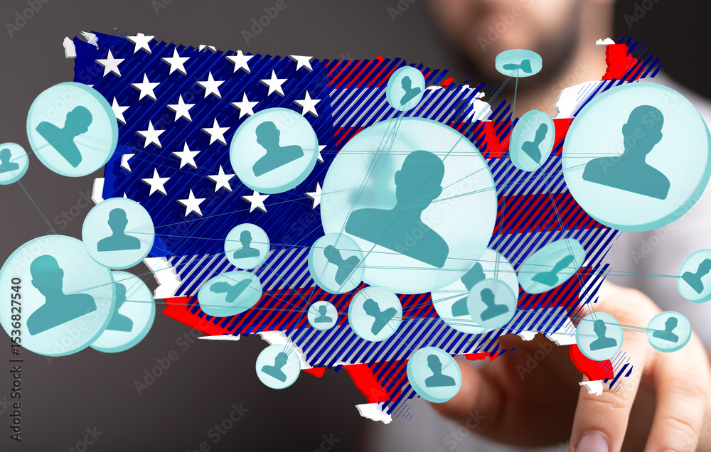 Poster Visual representation of social connections and networking within the United States.