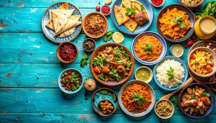 A variety of unique dishes arranged on a blue wooden table in a cultural culinary setting