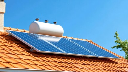 Solar panels installed on an orange-tiled rooftop with a water heater tank under a clear blue sky.