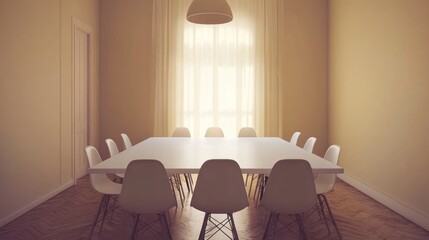 A spacious, sunlit meeting room with a large white table and chairs.