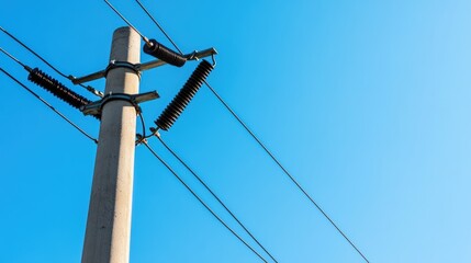 A concrete electric utility pole with insulators and wires set against a clear blue sky.