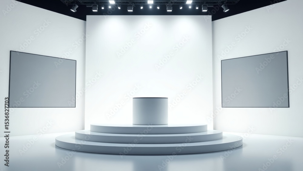 Poster modern stage with screens and podium, ready for presentation or event