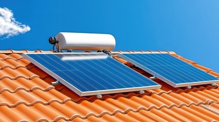 Solar water heating panels installed on a red-tiled roof under a clear blue sky with a small cloud.