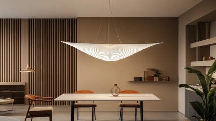 Modern dining area with a unique pendant light fixture.