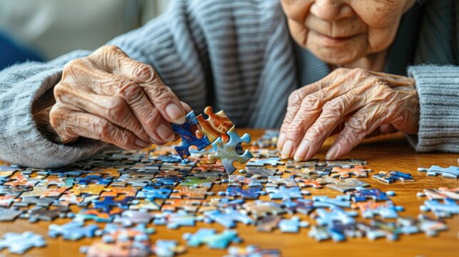 Senior woman focused on solving jigsaw puzzle on wooden table, elderly brain exercise and cognitive stimulation for memory care and dementia prevention.